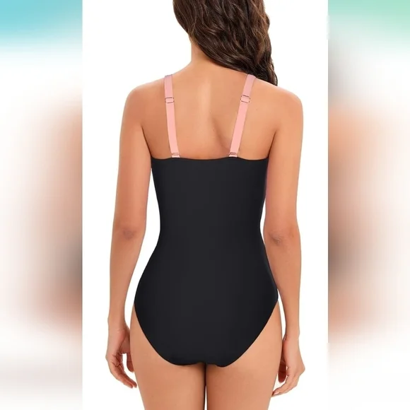 Women's Pink & Black One Piece V-neck Crisscross Tummy Control‎ Bathing Swimsuit - Picture 4 of 13